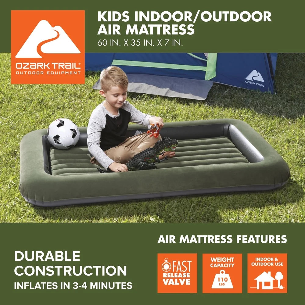 Kids Air Mattress Portable Indoor Outdoor Blow Up Bed Comfortable Flocked Surface Recessed Center Design Easy Inflate Deflate