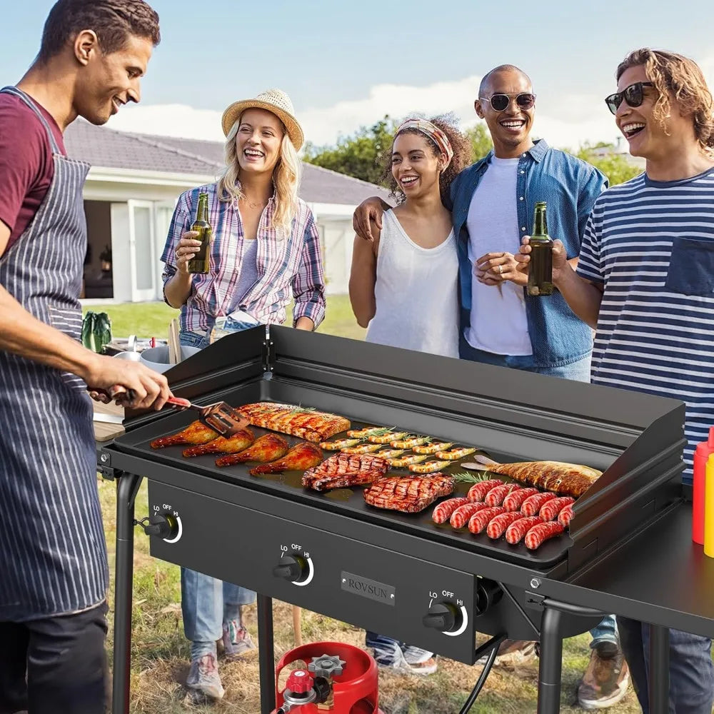 3 burner gas stove, 2 side shelf, 225,000BTU portable propane stove, regulator for camping, home backyard outdoor cooking