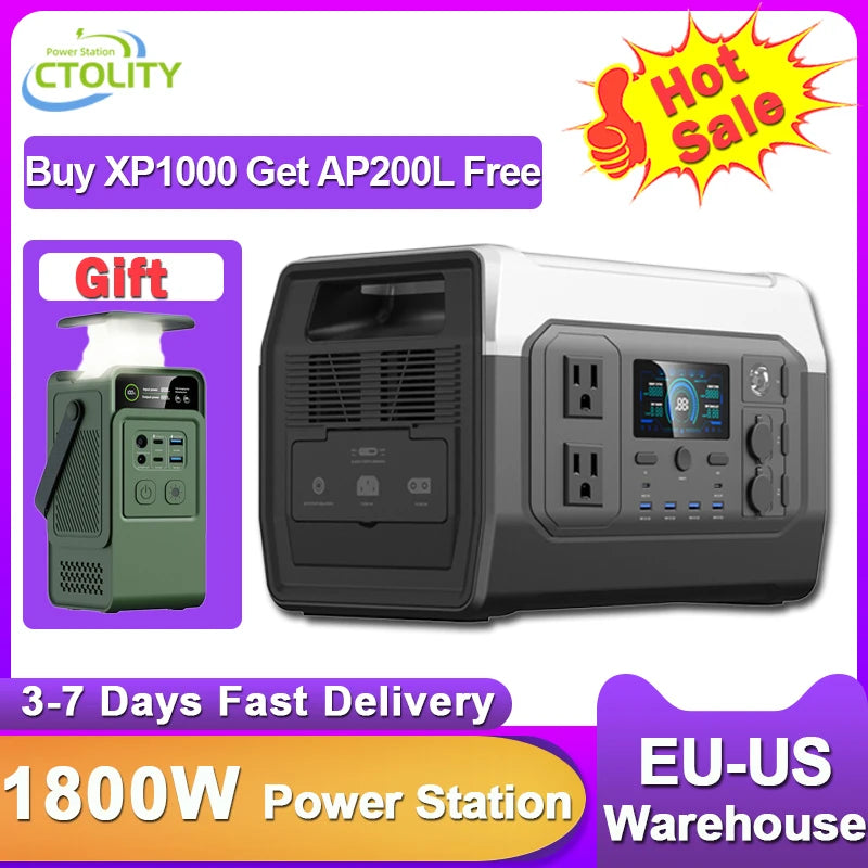 CTOLITY 1600W Camping Portable Power Station AP200L Outdoor Solar Generator 1024Wh Lifepo4 110V 220V AC Outlets Pure Sinve Wave