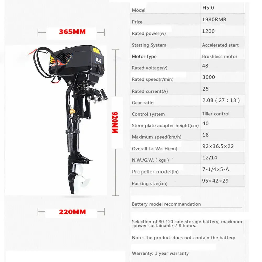 Hign-concerned 48V Electric Outboard Trolling Motor 1200W Short Shaft