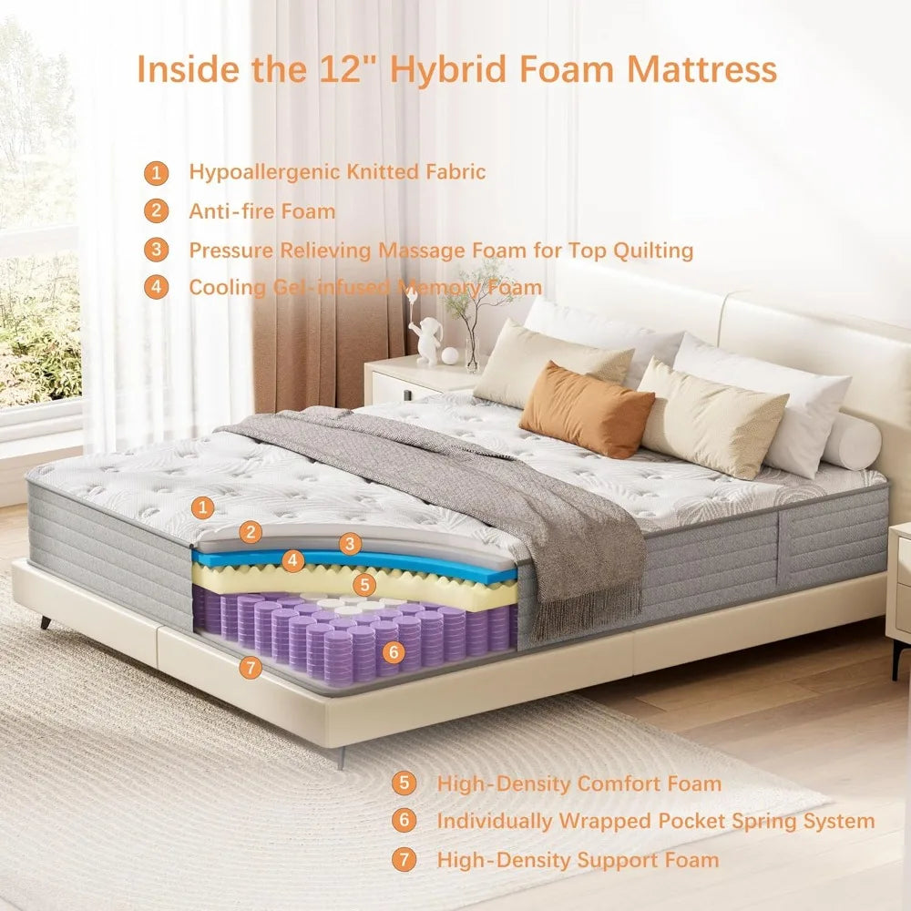 12 inch, Medium Firm Hybrid Mattresses with Cooling Gel Memory Foam, Queen Mattress in a Box, Independent Spring for Motion