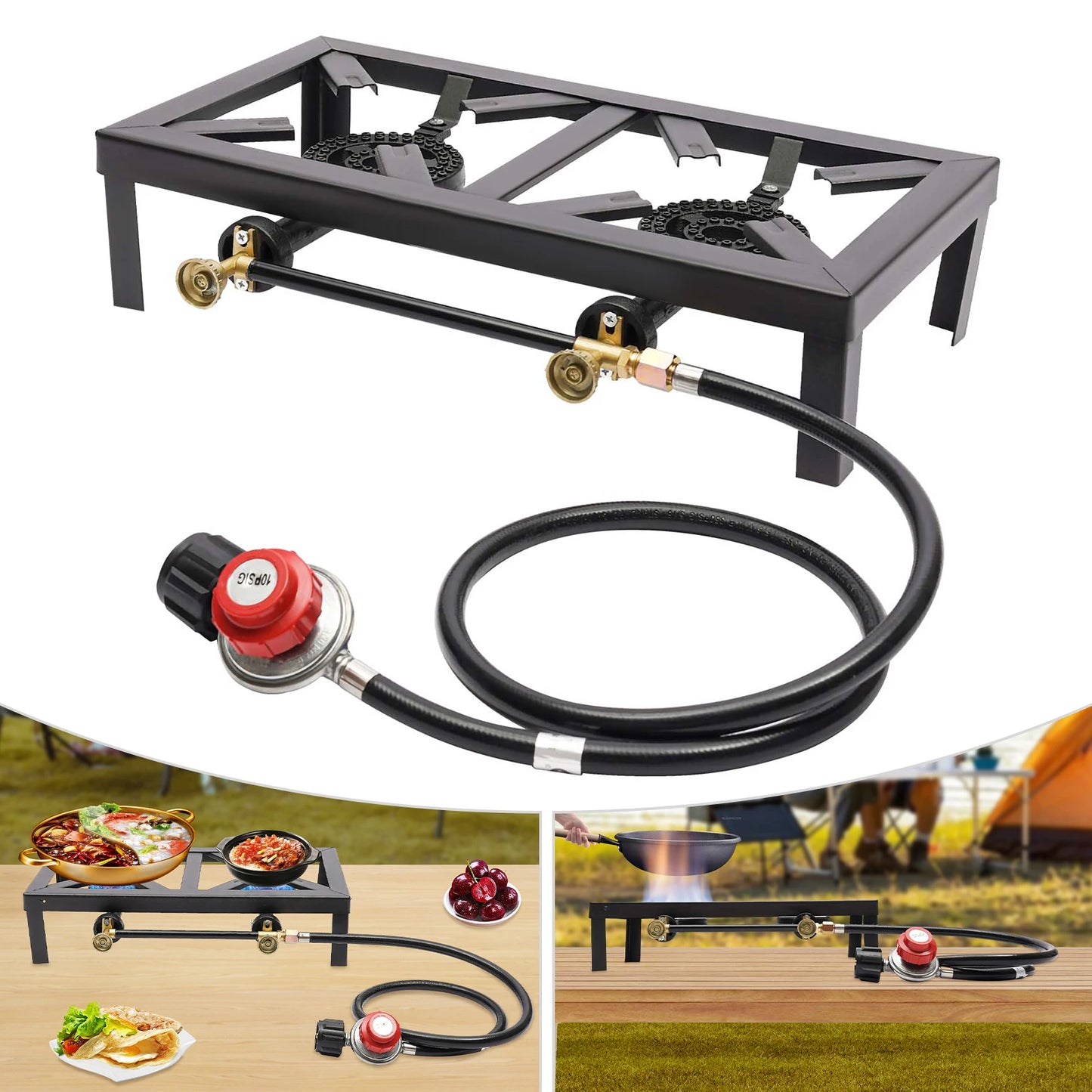 Portable Double Burner Outdoor Gas Stove With Adjustable Regulator Hose