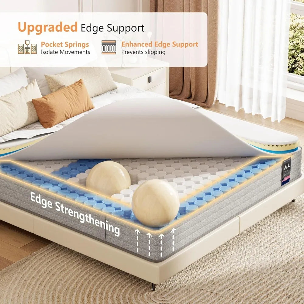 12 inch, Medium Firm Hybrid Mattresses with Cooling Gel Memory Foam, Queen Mattress in a Box, Independent Spring for Motion