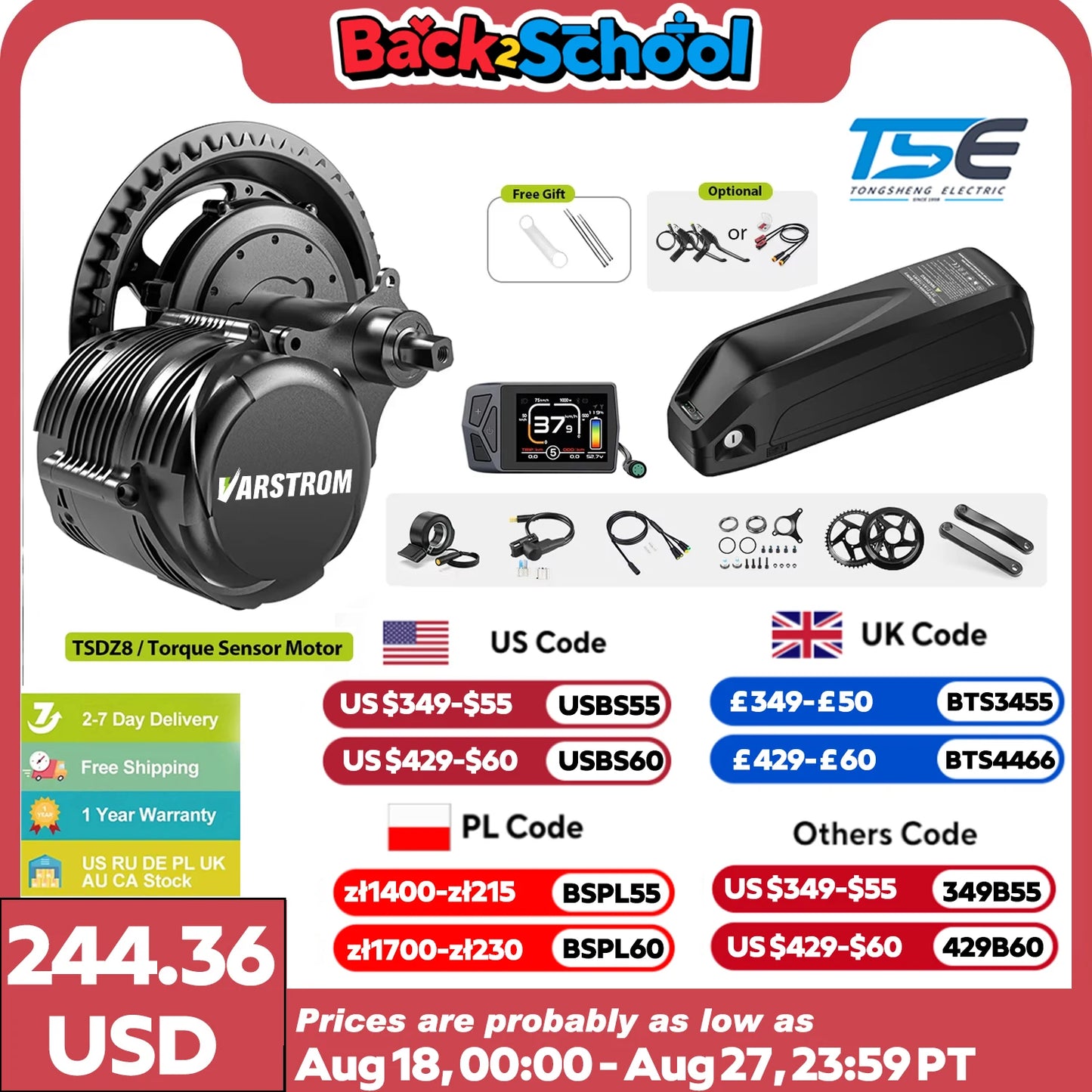 Tongsheng TSDZ8 TSDZ2B Ebike Kit 36V 250W 48V 500W 750W Electric Bicycle Central Mid Motor With Torque Sensor 13Ah 20Ah Battery