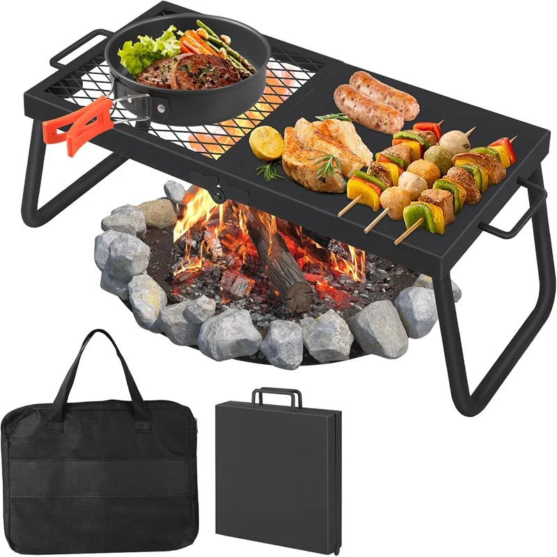 Folding Campfire Grill, Heavy Duty Steel Mesh Grate, Portable Camping Grates Over Fire Pit, Camp Fire Cooking, Grilling Rack