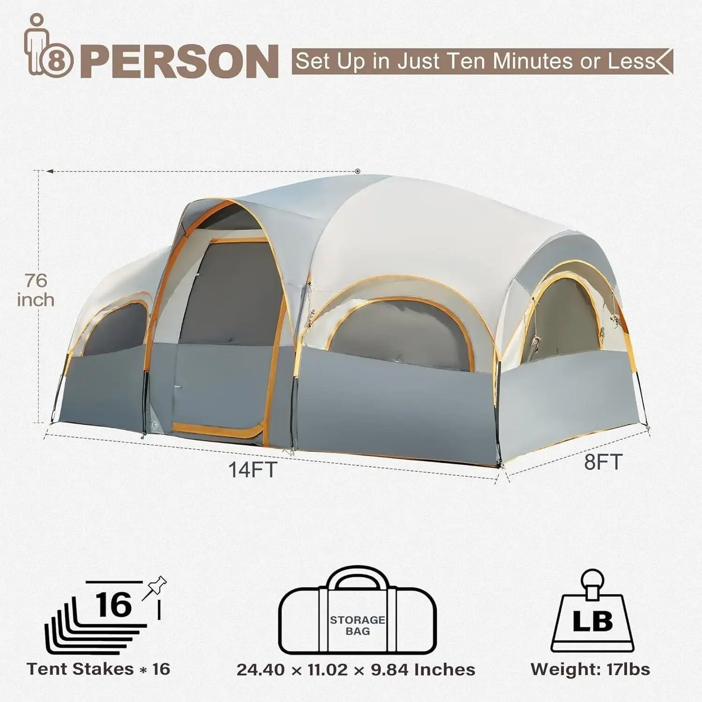 Z_8 Person Tent for Camping, Waterproof Windproof Family Tent with Rainfly, Divided Curtain Design for Privacy Space, Portable