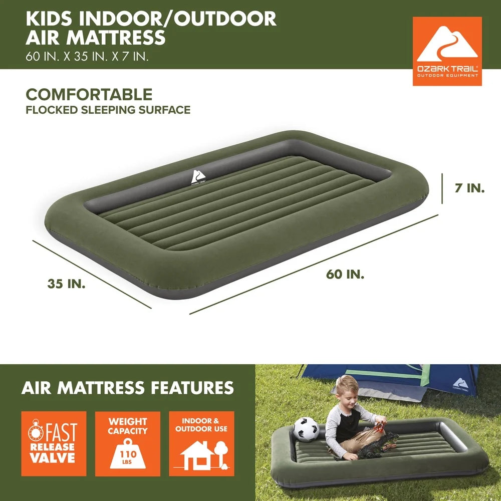 Kids Air Mattress Portable Indoor Outdoor Blow Up Bed Comfortable Flocked Surface Recessed Center Design Easy Inflate Deflate