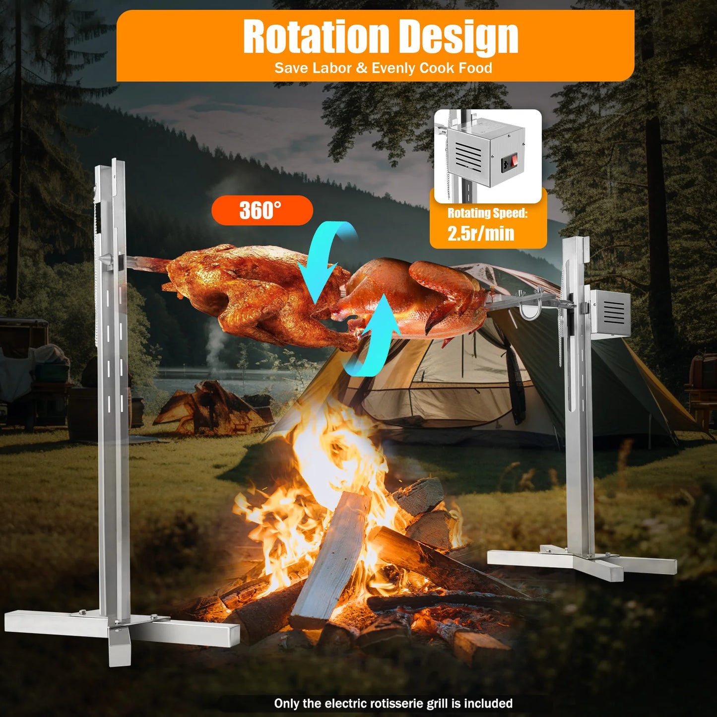 20/25W Electric BBQ Rack Rotisserie Grill Set Universal Roaster Stand Spit Rod BBQ Rack 40KG Load for Outdoor Picnic Camping
