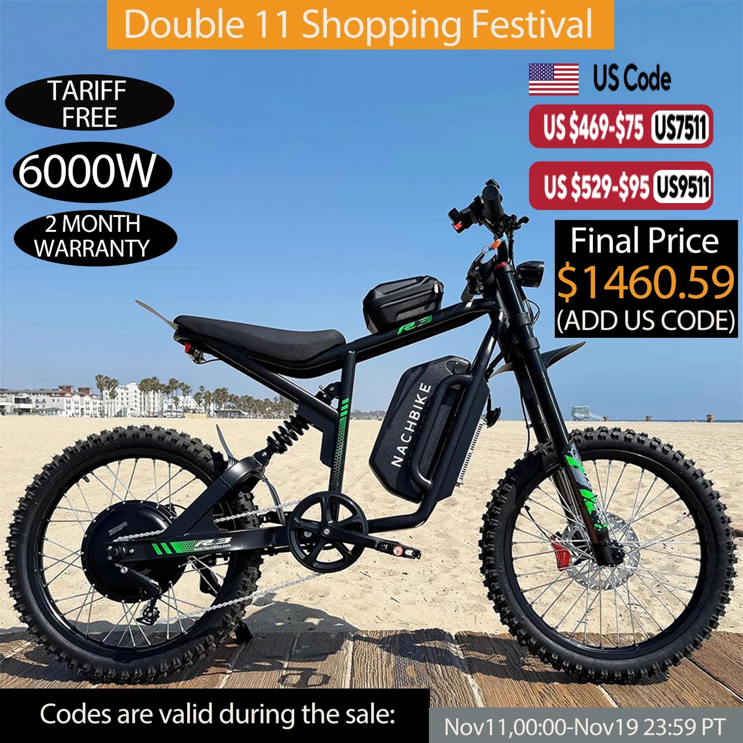 R3 6000W Electric Dirt Bike 60V 25Ah Lithium Battery