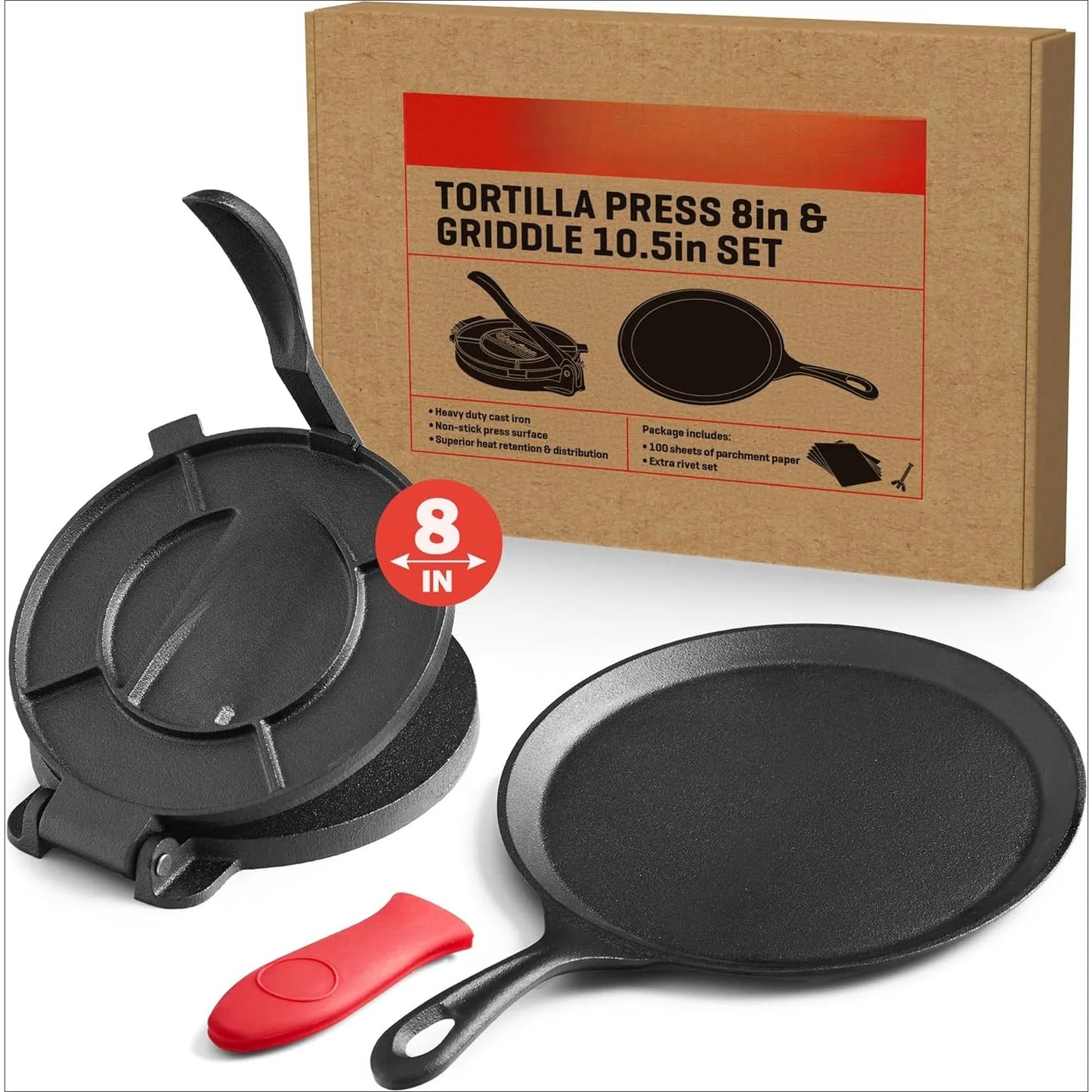 Cast Iron Tortilla Press 8 Inch with Cast Iron Comal Pan - Bundle of Cast Iron Tortilla Skillet for Roti, Tawa, Dosa,