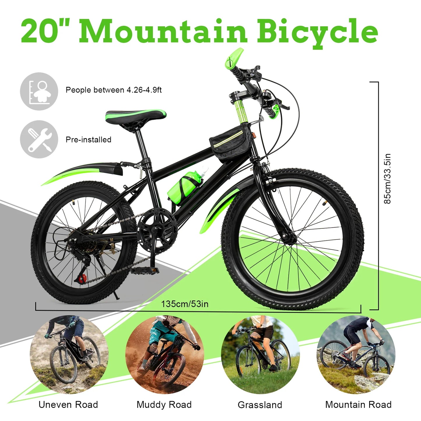 Fork Kids Mountain Bike 7 Speed Bicycle With Mudguards
