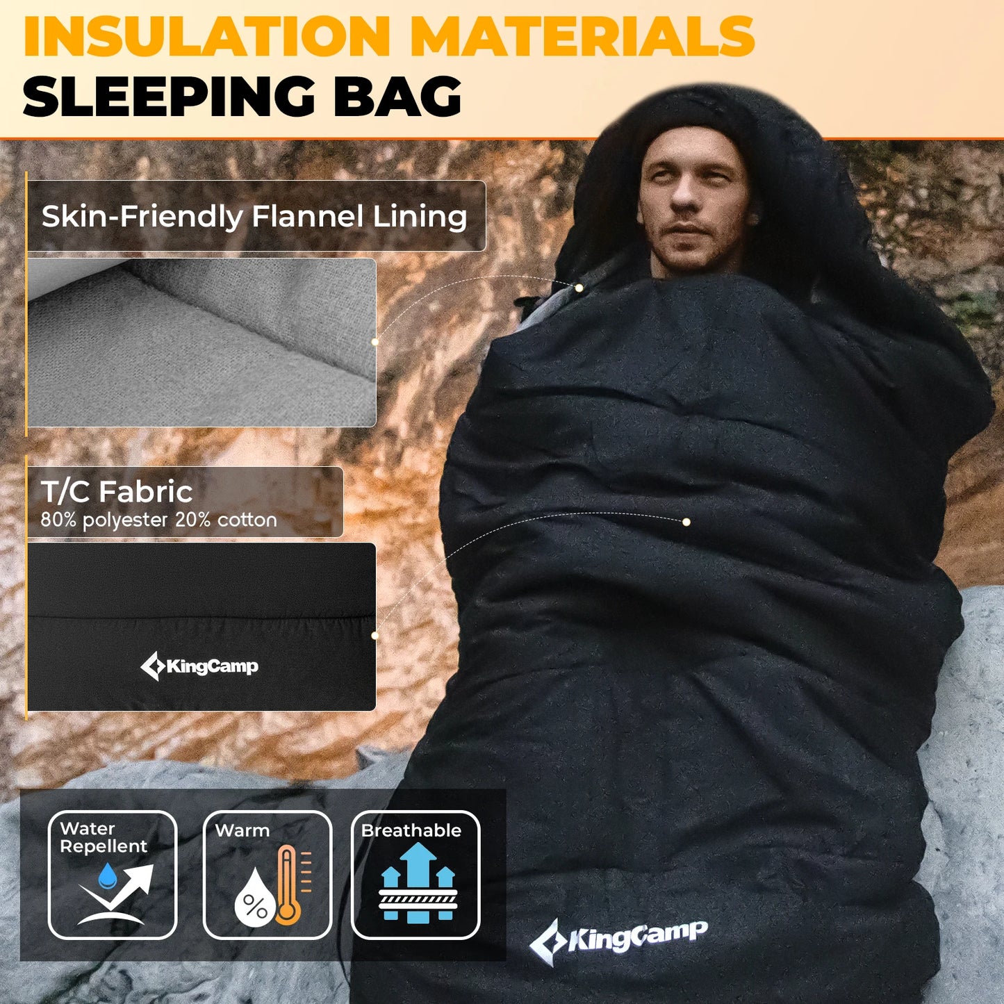 KingCamp 3-in-1 Envelope Hooded Sleeping Bag, Detachable And Flexible Double Blanket, Sleeping Bag For All Season Camping Hiking