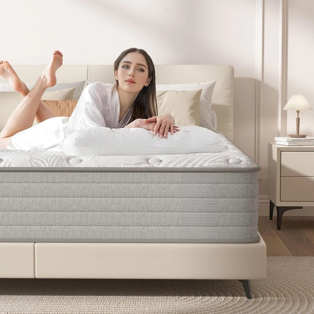 12 inch, Medium Firm Hybrid Mattresses with Cooling Gel Memory Foam, Queen Mattress in a Box, Independent Spring for Motion