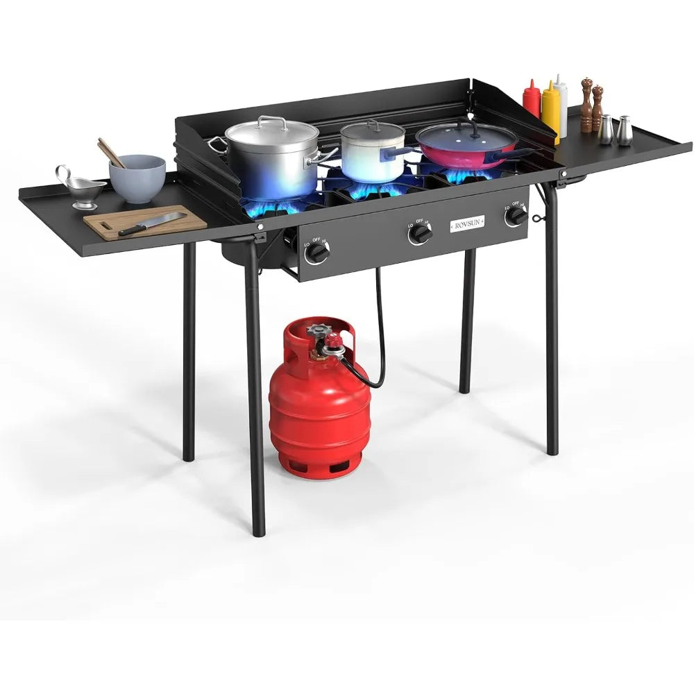 3 burner gas stove, 2 side shelf, 225,000BTU portable propane stove, regulator for camping, home backyard outdoor cooking