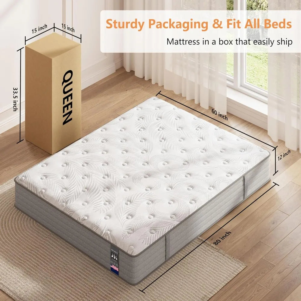 12 inch, Medium Firm Hybrid Mattresses with Cooling Gel Memory Foam, Queen Mattress in a Box, Independent Spring for Motion