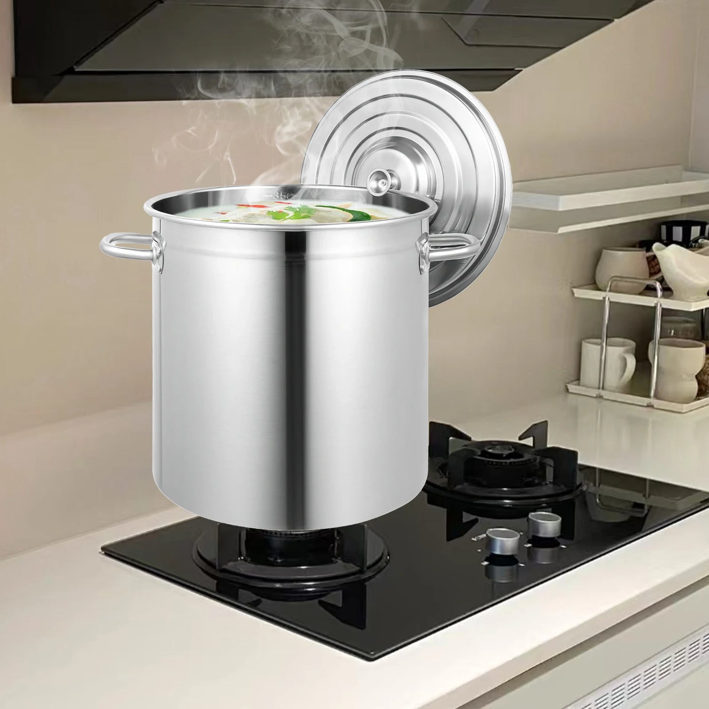 35L Large Silvery Stainless Steel Deep Stock Pot with Lid, Catering Saucepan Cooking Pan, Large Capacity Kitchen Soup Cooking
