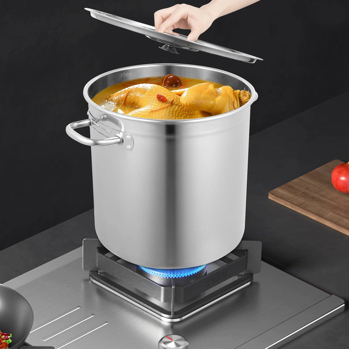 35L Large Silvery Stainless Steel Deep Stock Pot with Lid, Catering Saucepan Cooking Pan, Large Capacity Kitchen Soup Cooking