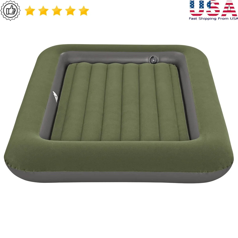 Kids Air Mattress Portable Indoor Outdoor Blow Up Bed Comfortable Flocked Surface Recessed Center Design Easy Inflate Deflate