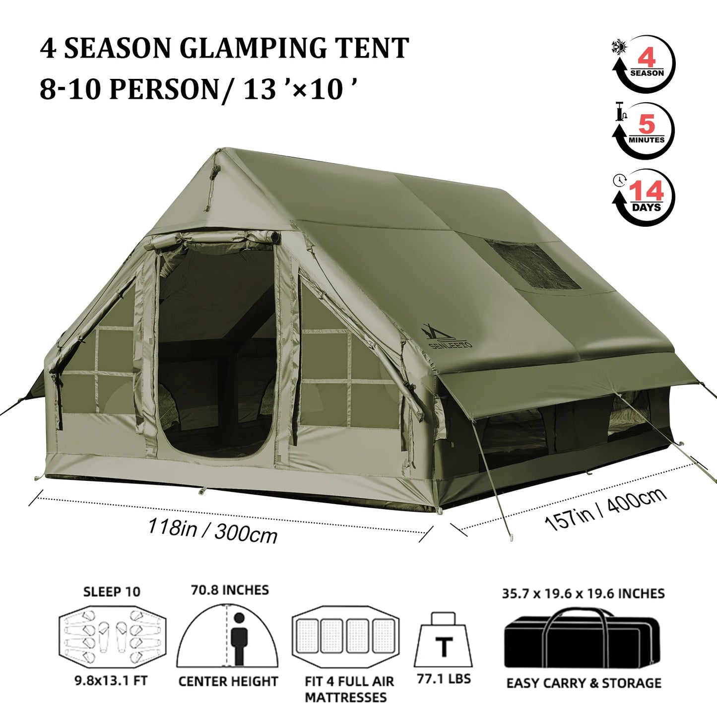 SENLEETO Waterproof Windproof Inflatable Camping Tent 4 Season Chimney