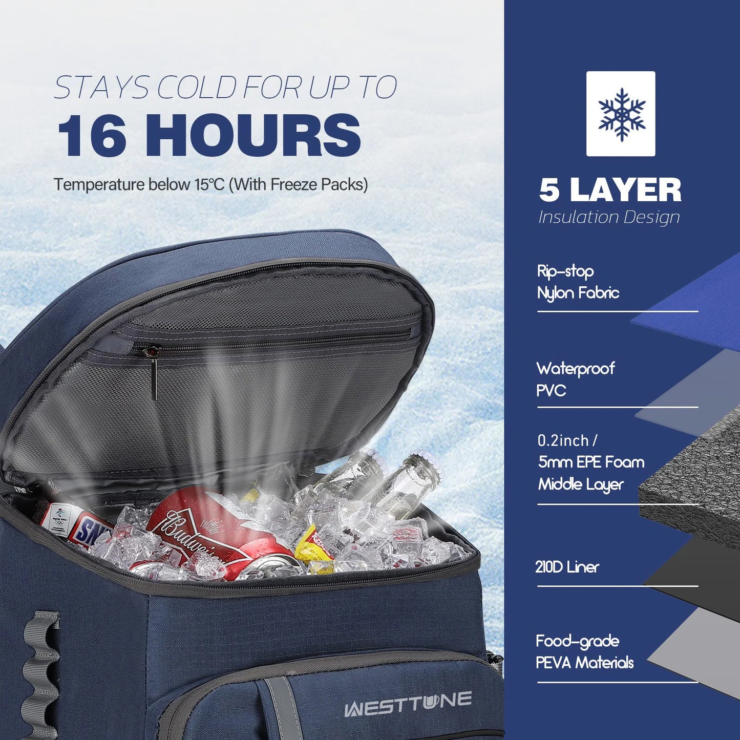 WestTune Leakproof Insulated Cooler Backpack For Camping