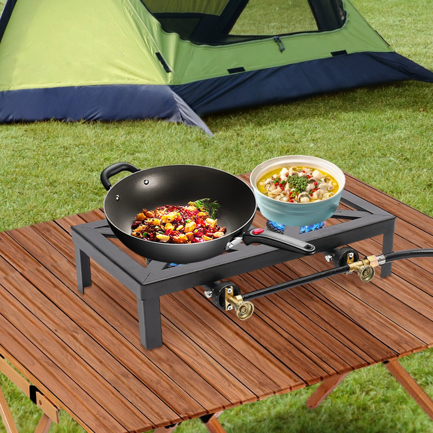 Portable Double Burner Outdoor Gas Stove With Adjustable Regulator Hose