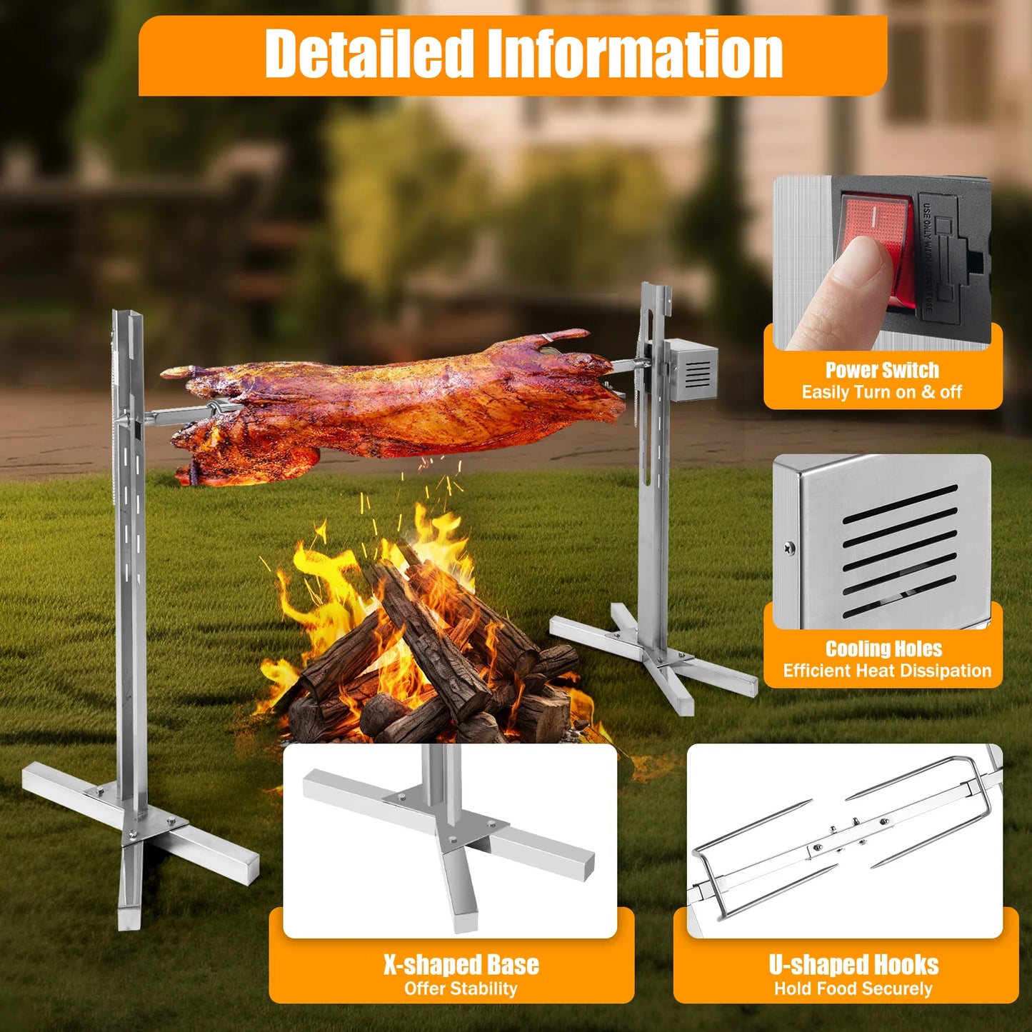 20/25W Electric BBQ Rack Rotisserie Grill Set Universal Roaster Stand Spit Rod BBQ Rack 40KG Load for Outdoor Picnic Camping