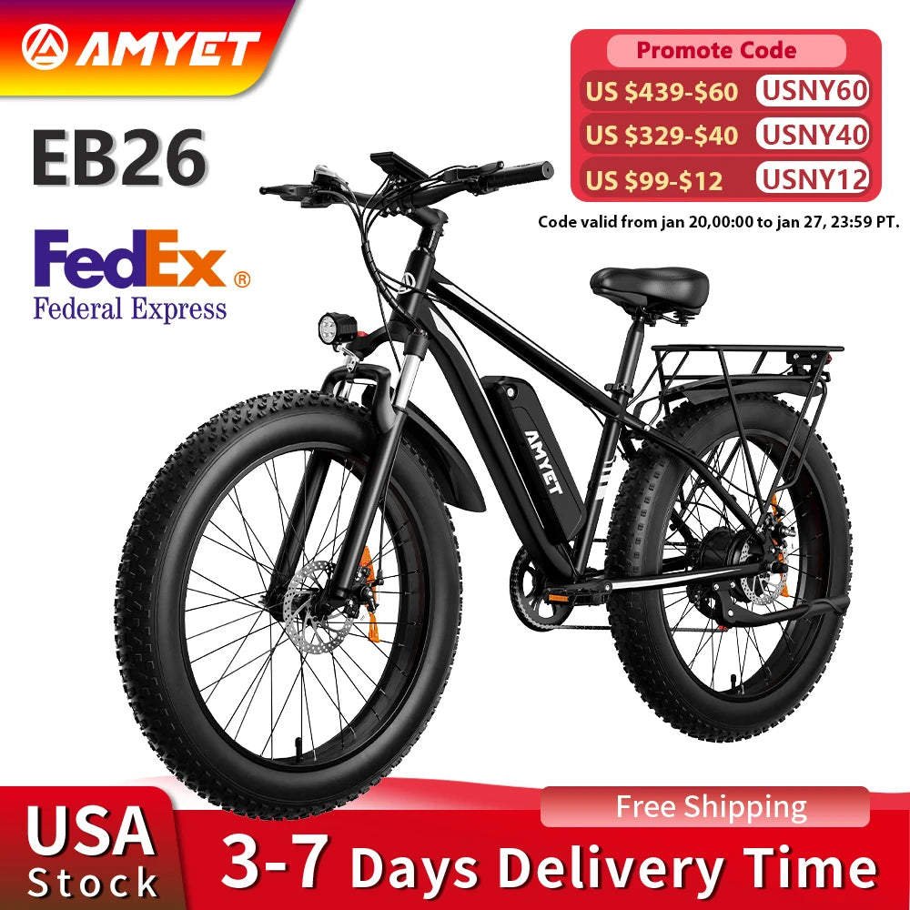 AMYET EB26 Electric Mountain Fat Tire Bike 1500W 48V 15Ah