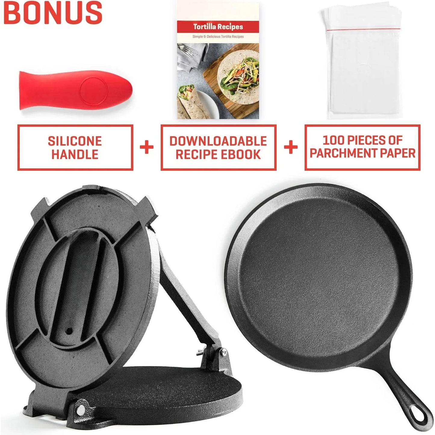 Cast Iron Tortilla Press 8 Inch with Cast Iron Comal Pan - Bundle of Cast Iron Tortilla Skillet for Roti, Tawa, Dosa,