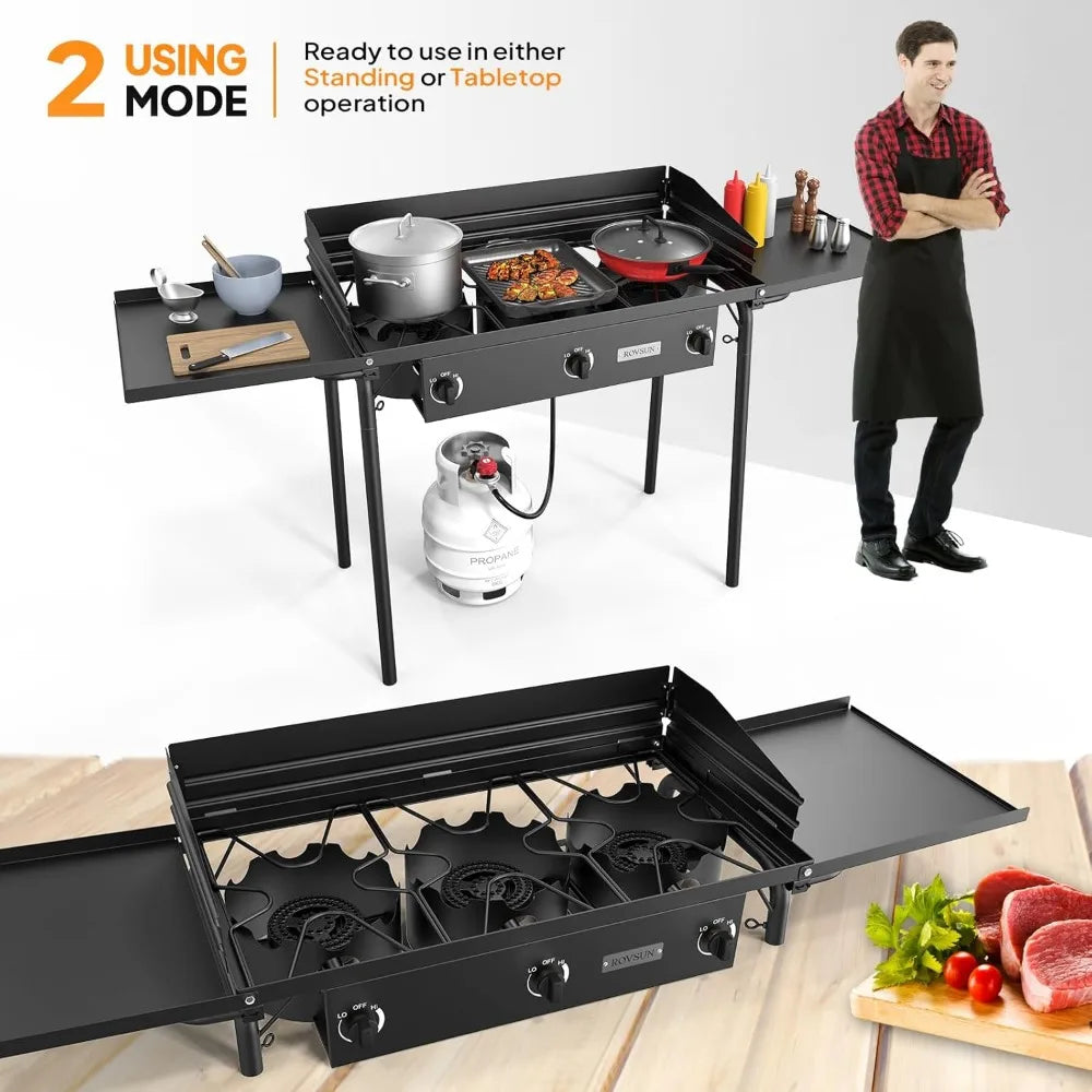 3 burner gas stove, 2 side shelf, 225,000BTU portable propane stove, regulator for camping, home backyard outdoor cooking