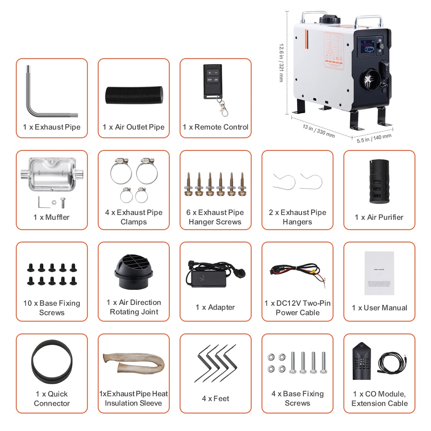 SucceBuy 2KW Diesel Heater 12V/24V All in One Diesel Air Heater with Remote Control Display Screen CO Alarm for Vehicle&Outdoor