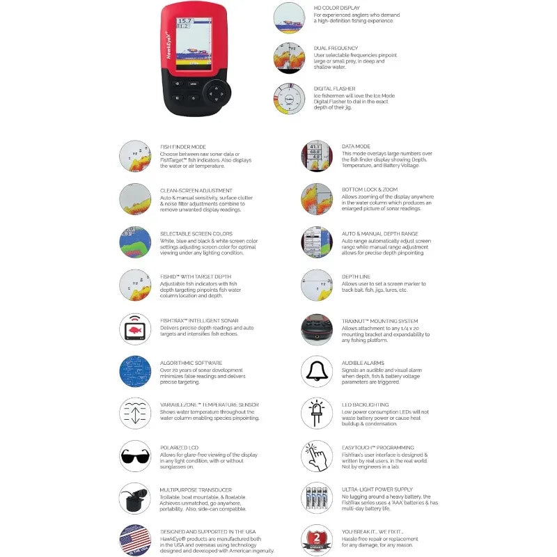 HawkEye Fishtrax 1C Fish Finder with HD Color Virtuview Display, Black/Red, 2" H x 1.6" W Screen Size