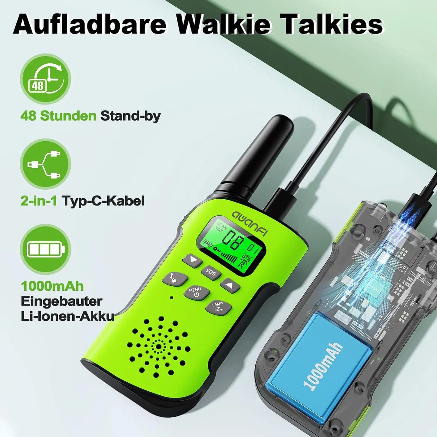 AWANFI Walkie Talkie Children, 3-12 Years, Walkie Talkie Rechargeable with Li-ion Battery, Radio Set, for Gift/Camping/Adventure