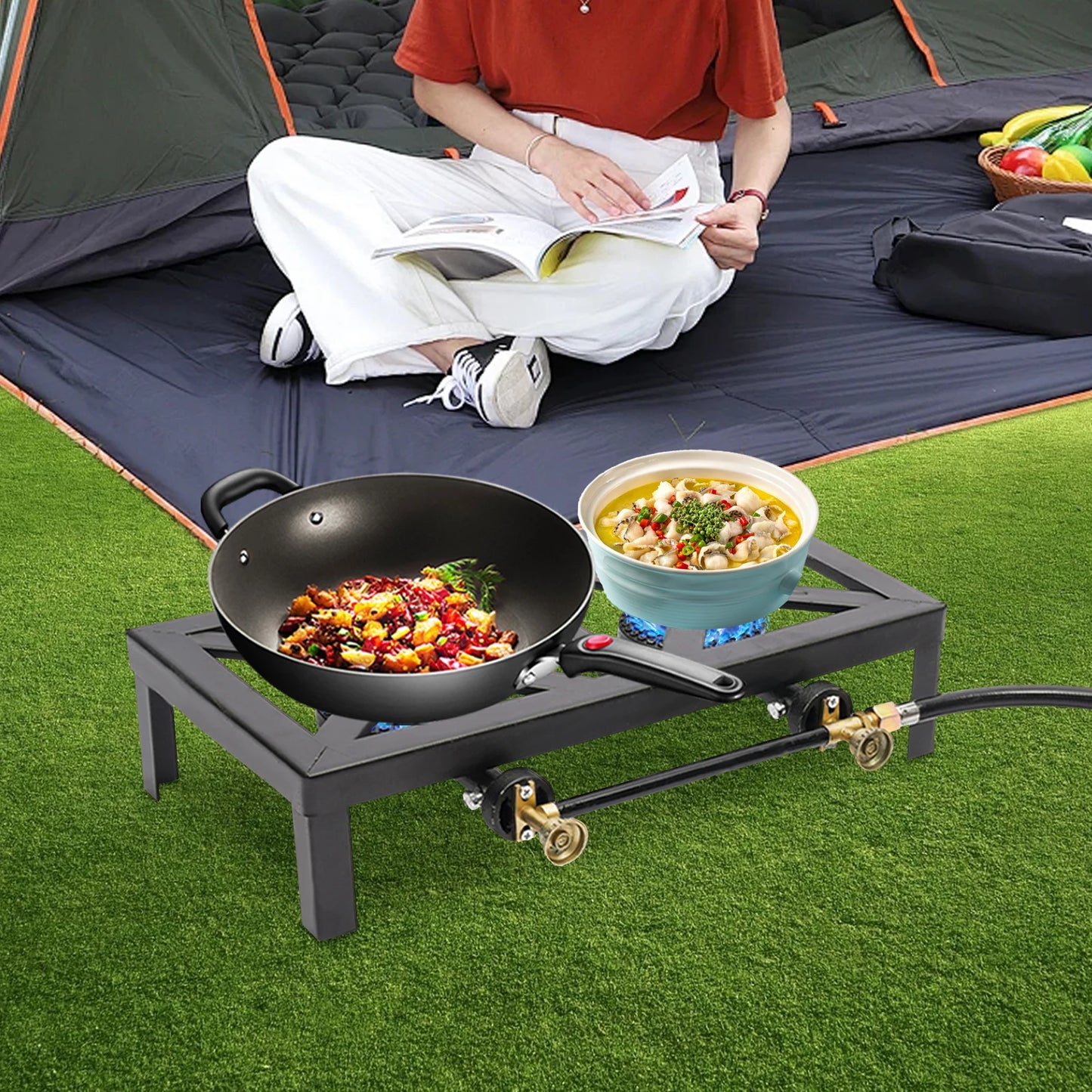 Portable Double Burner Outdoor Gas Stove With Adjustable Regulator Hose