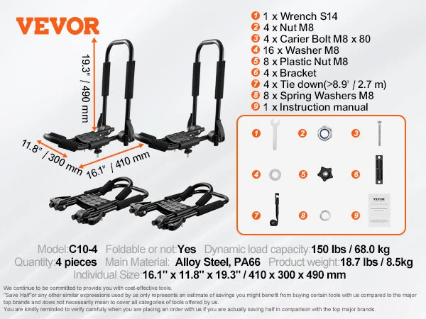 J-Bar Kayak Roof Rack Kit for Soft Roof Mount Carrier