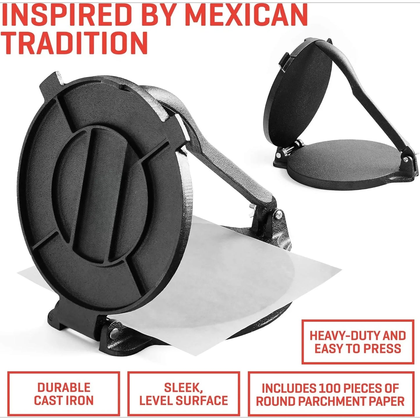 Cast Iron Tortilla Press 8 Inch with Cast Iron Comal Pan - Bundle of Cast Iron Tortilla Skillet for Roti, Tawa, Dosa,