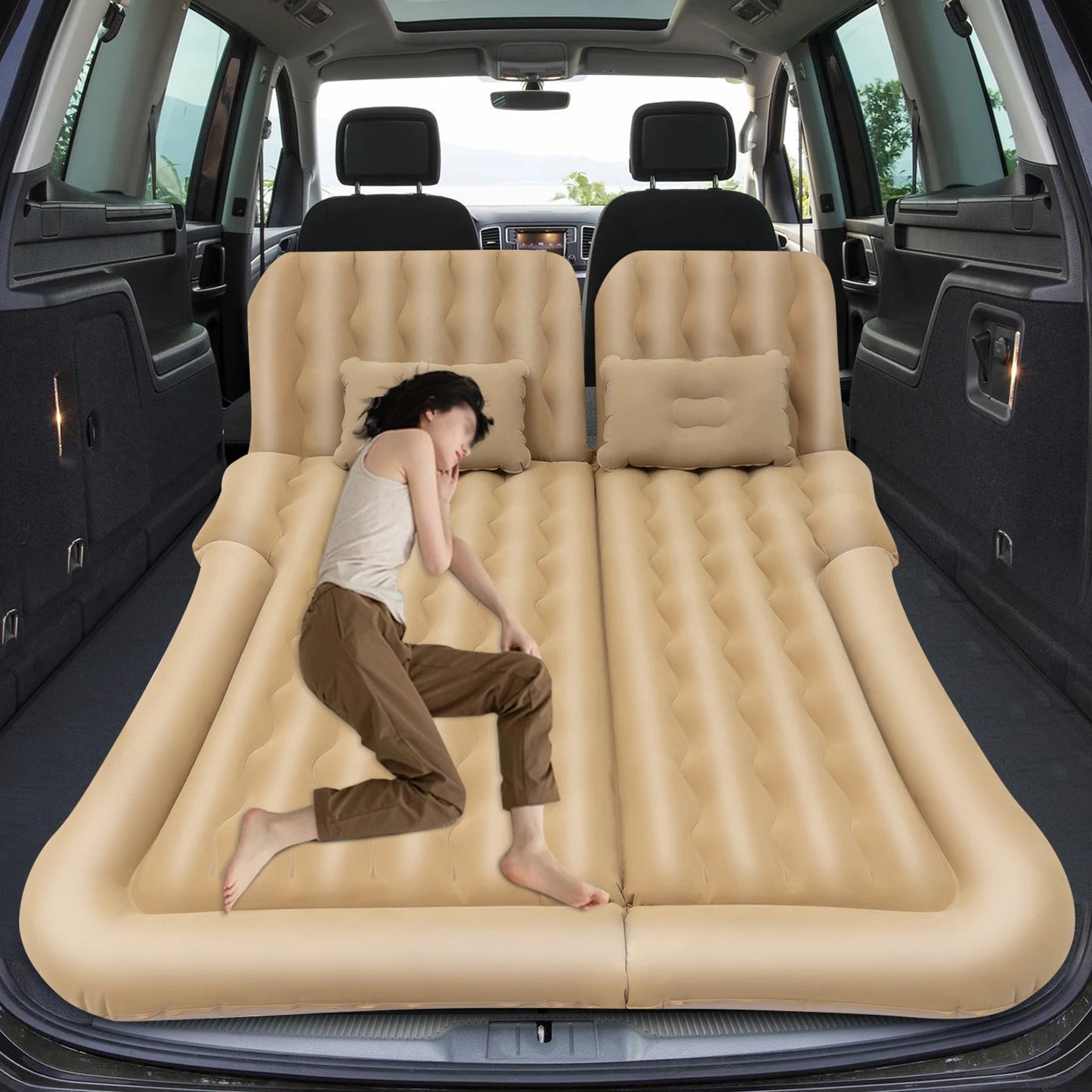 Car Bed Suv Air Mattress, Portable Thickened Camping Air Mattress with 2 Cushions and Pump, Car Air Mattress for Travel Outdoor
