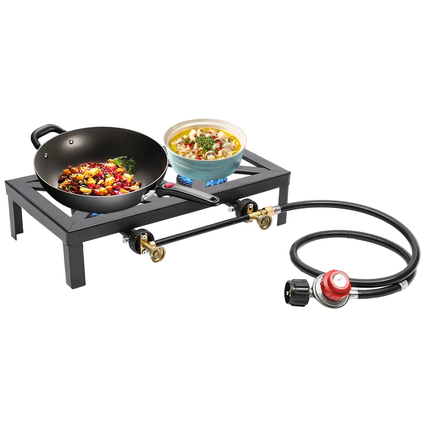 Portable Double Burner Outdoor Gas Stove With Adjustable Regulator Hose