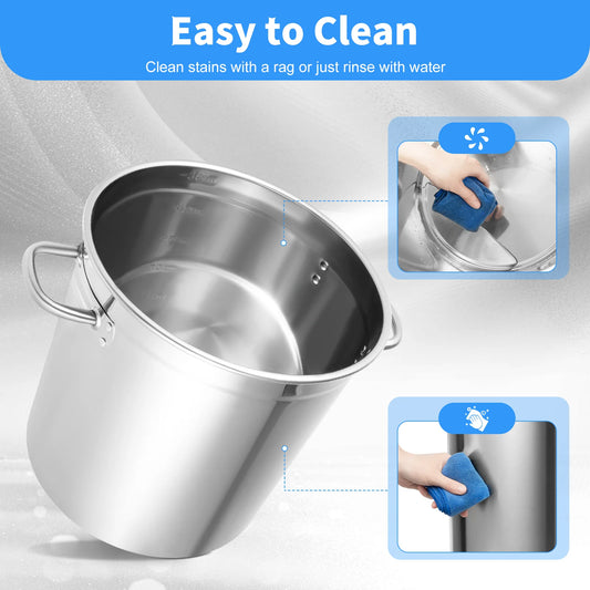 35L Large Silvery Stainless Steel Deep Stock Pot with Lid, Catering Saucepan Cooking Pan, Large Capacity Kitchen Soup Cooking