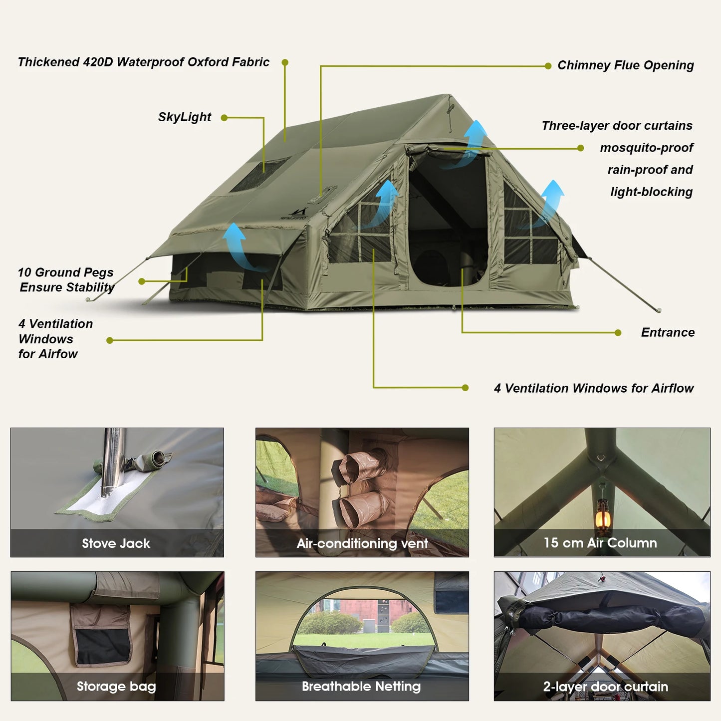 SENLEETO Waterproof Windproof Inflatable Camping Tent 4 Season Chimney