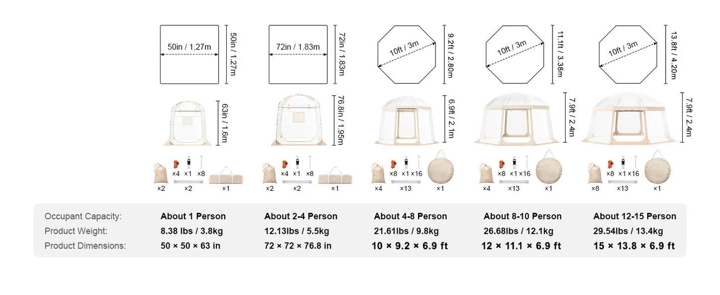 Bubble Tent Pop-Up Weatherproof Sports 50"x50"/72"x72"/10'x10'/12'x12'/15'x15'